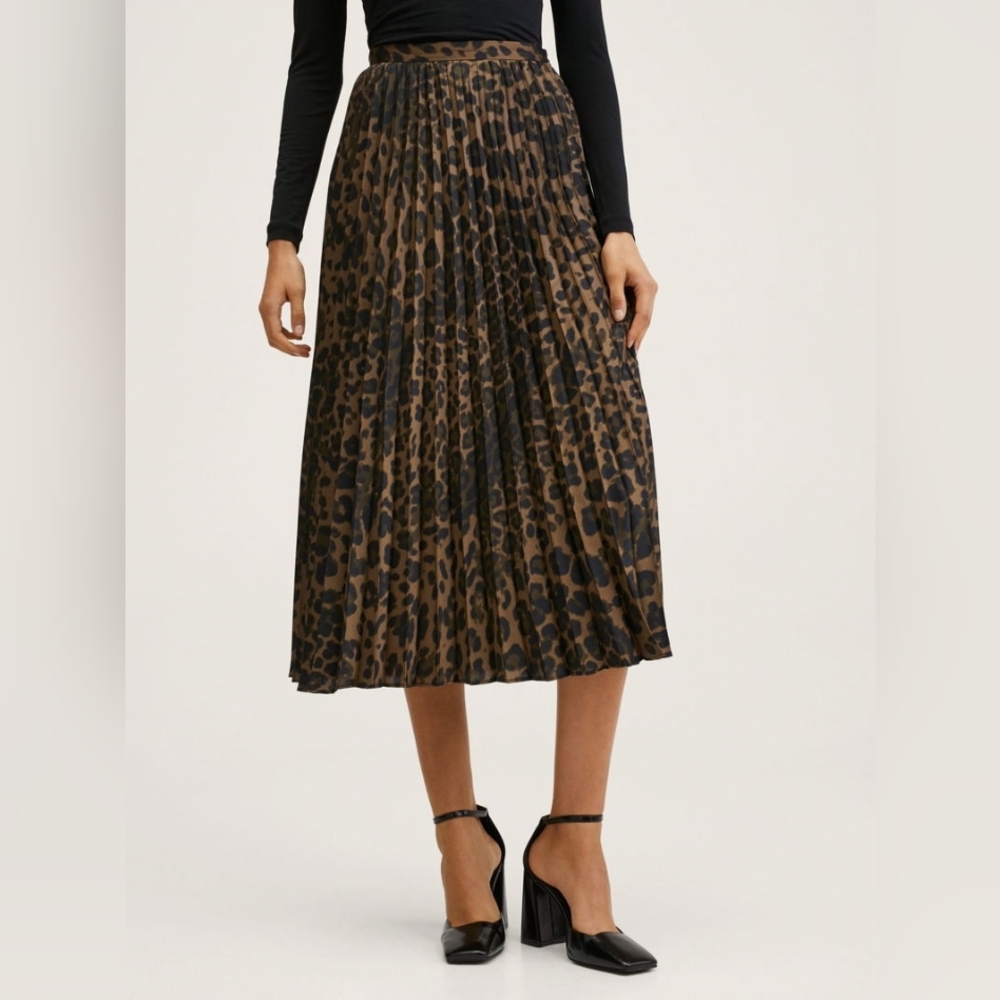 Mango Pleated Leopard-Print Midi Skirt